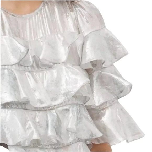 NEW Rebecca Taylor Shadow Lily Metallic Silver Silk
Ruffle Mini Dress Size 12 - Picture 4 of 15